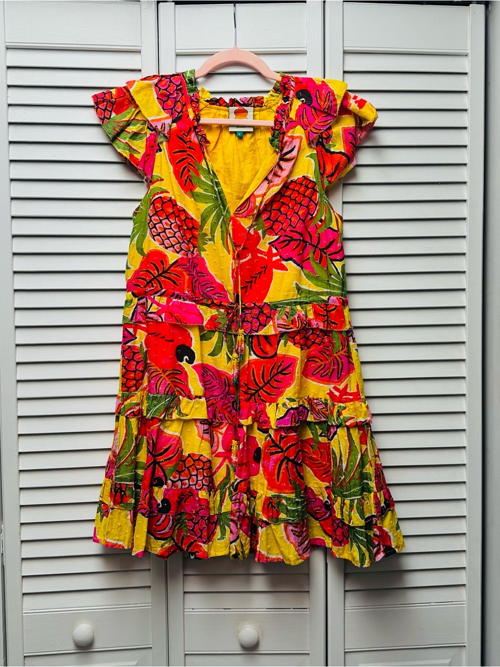 Farm Rio Fruit Dreams Yellow Tropical Print Ruffle Mini Dress